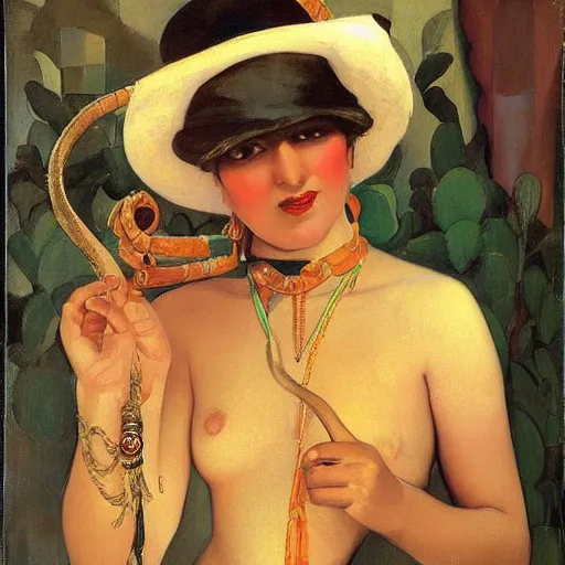 Image similar to portrait of a young snake charmer, morocco 1 9 2 0, by j. c. leyendecker, tamara de lempicka