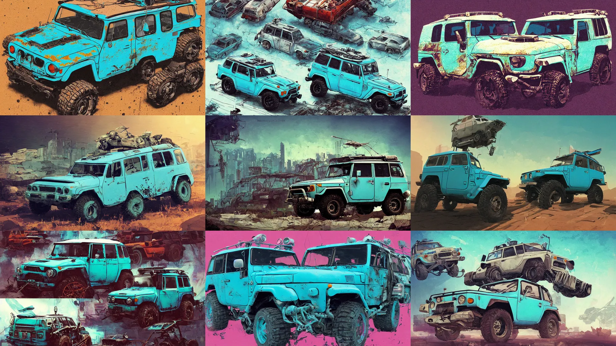 Image similar to digital illustration of a futuristic faded cyan mad max's fj 4 0 decrepit!!!! pursuit special, rusty!!! cyberpunk nissan fj cruiser heavily modded 1 9 9 0 s, the last v 8 interceptor by makoto shinkai, ilya kuvshinov, lois van baarle, rossdraws, basquiat