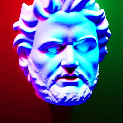 Image similar to sci - fi cgartist wide shot anaglyph ambient occlusion rendering of a hyper realistic marble greek statuary regal god head resembling guy fieri glowing with embedded vaporwave leds product photo high key colored lighting, trending on artstation volumetric lighting