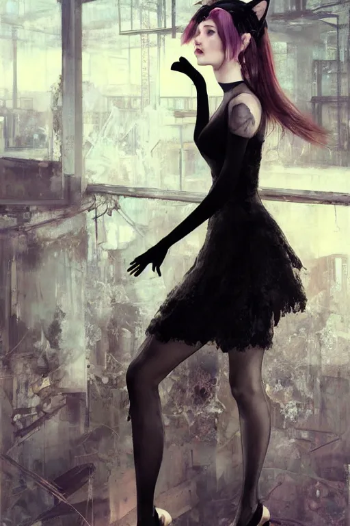 Prompt: a girl with cat ears wearing a black lace dress and thigh highs walking in an abandoned factory, digital art, beautiful face, expressive oil painting, by yoshitaka amano, by artgerm, by jeremy lipking, volumetrics, sunset