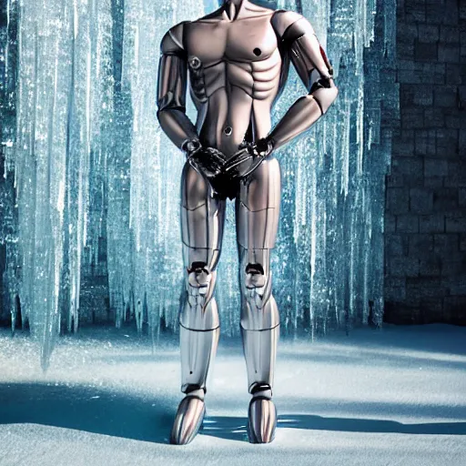 Image similar to made of ice, a realistic detailed photo of a guy who is an attractive humanoid who is half robot and half humanoid, who is a male android, on display, blank stare, showing off his muscles, shiny skin, posing like a statue, by the pool, frozen ice statue, twitch streamer / gamer ludwig, humanoid robot