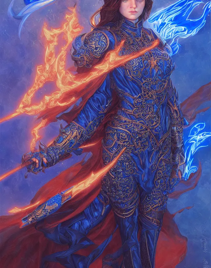 Prompt: young morgana, battle mage, brilliant royal blue flames surrounding her, intricate detail, ornate, tarot card, digital artwork by artgerm and lily abdullina, wpol and sarasti, donato giancola and android jones, artstation