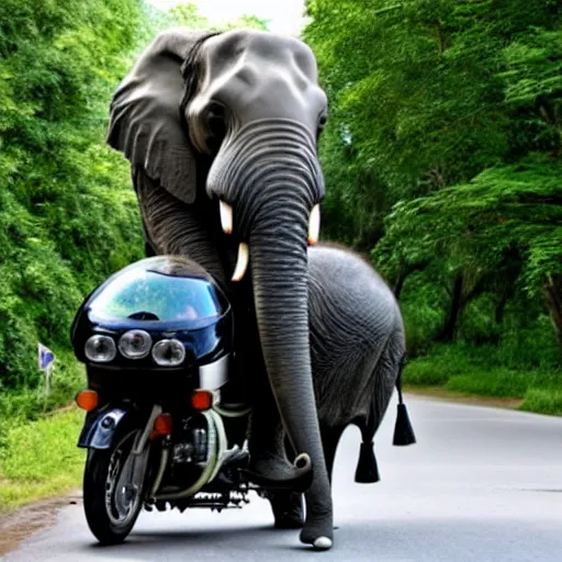 Image similar to an elephant riding a motorcycle