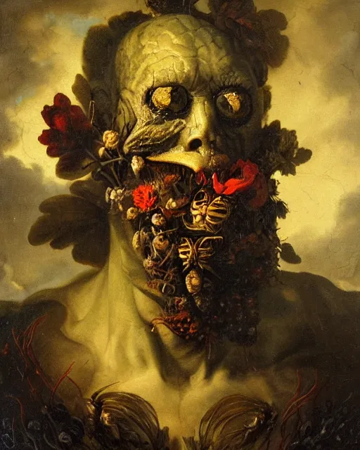 Image similar to oil painting portrait dark background of a mutant man with a strange disturbing face made of flowers and insects by otto marseus van schriek rachel ruysch christian rex van minnen dutch golden age dramatic lighting chiaroscuro