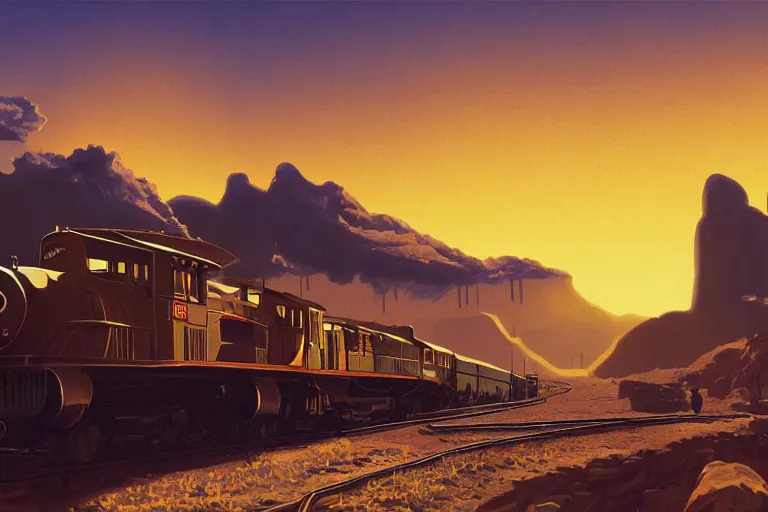 Image similar to idyllic old western train station illustration by syd mead, artstation, 4 k, graphic novel, concept art, matte painting, steam engine spewing billowy clouds of steam, beautiful mountain desert sunset background, golden hour