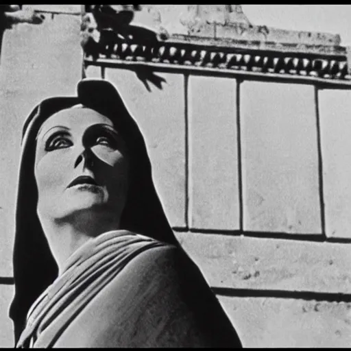 Image similar to Greta Garbo as Tosca near the Castel San Angelo in the 1959 film by George Cukor