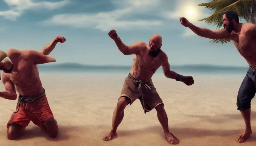 Image similar to jesus christ fighting a blind man on the beach, hyperrealistic, 8k, artstation, cgsociety