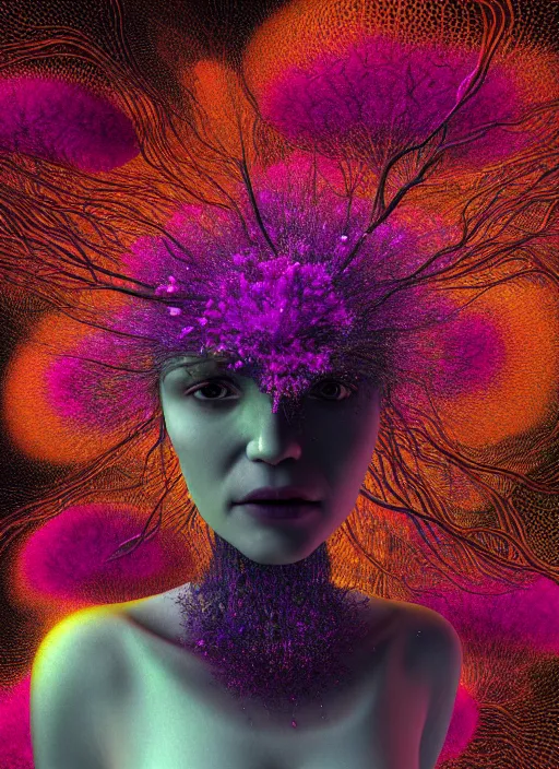 Image similar to hyper detailed 3d render like a Oil painting - Aurora (Singer) seen Eating of the Strangling network of yellowcake aerochrome and milky Fruit and Her delicate Hands hold of gossamer polyp blossoms bring iridescent fungal flowers whose spores black the foolish stars by Jacek Yerka, Mariusz Lewandowski, Houdini algorithmic generative render, Abstract brush strokes, Masterpiece, Edward Hopper and James Gilleard, Zdzislaw Beksinski, Mark Ryden, Wolfgang Lettl, hints of Yayoi Kasuma, octane render, 8k