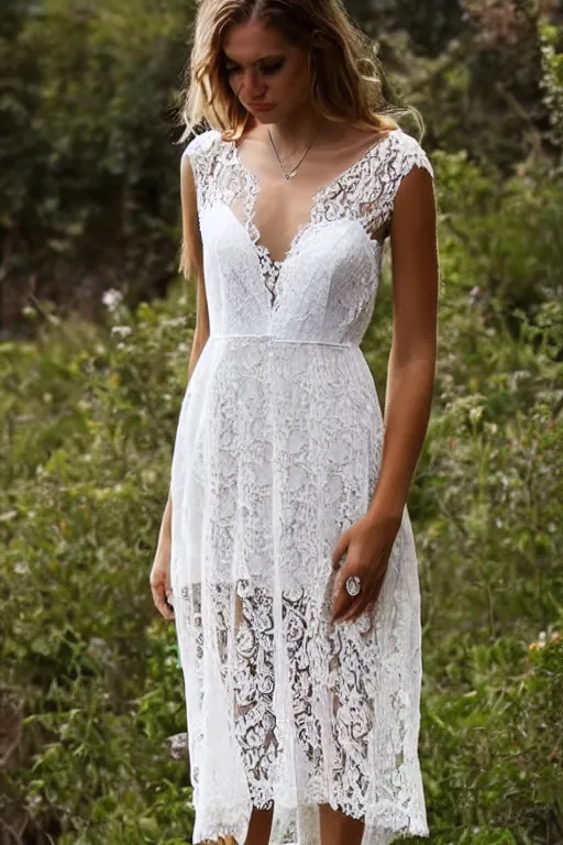 Image similar to a short beautiful high low lace dress, wedding dress, bohemian, detailed lacework, lace dress, romantic dress, white and silver, floral lacework