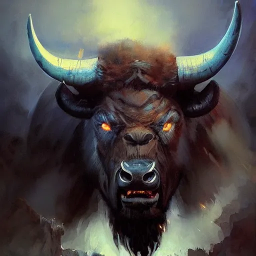 Image similar to angry blue bison portrait by greg rutkowski and frank frazetta, dark fantasy, blue, artstation