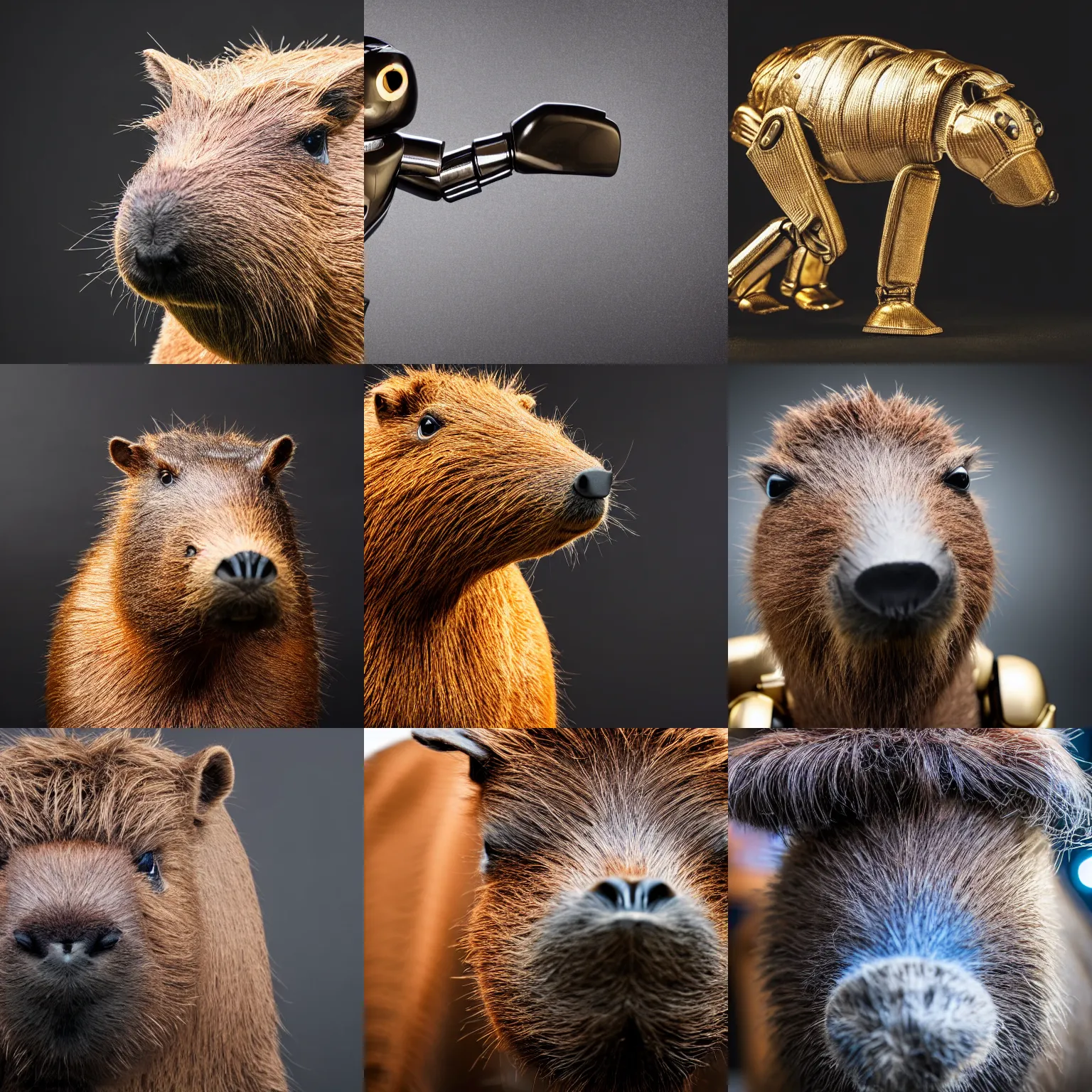 Prompt: highly detailed closeup studio photograph of a metallic robot capybara in front of a black background, 4k, shiny
