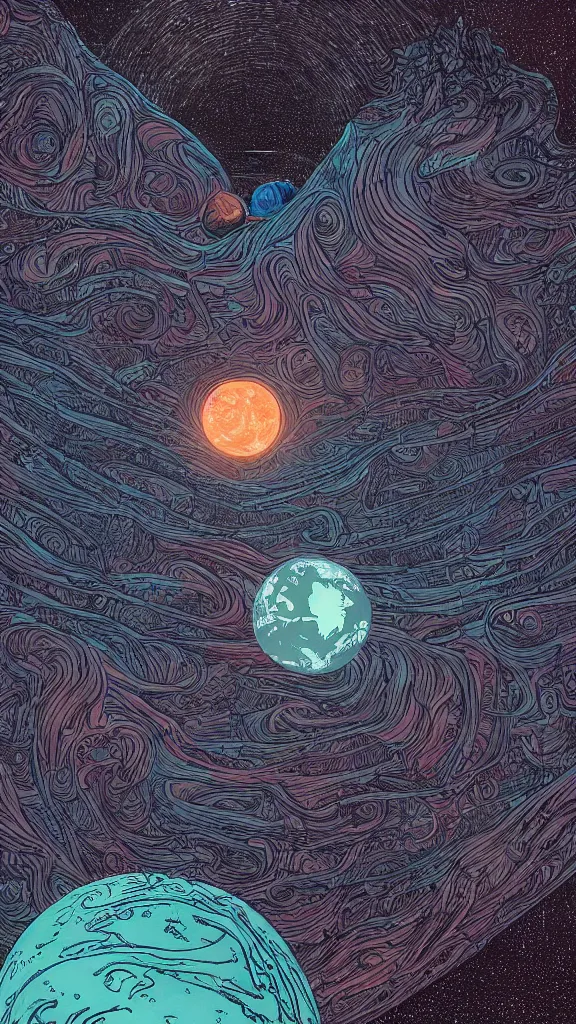 Prompt: highly detailed illustration of two planets colliding at night as seen from the beach by kilian eng, moebius, nico delort, oliver vernon, joseph moncada, damon soule, manabu ikeda, 4 k resolution