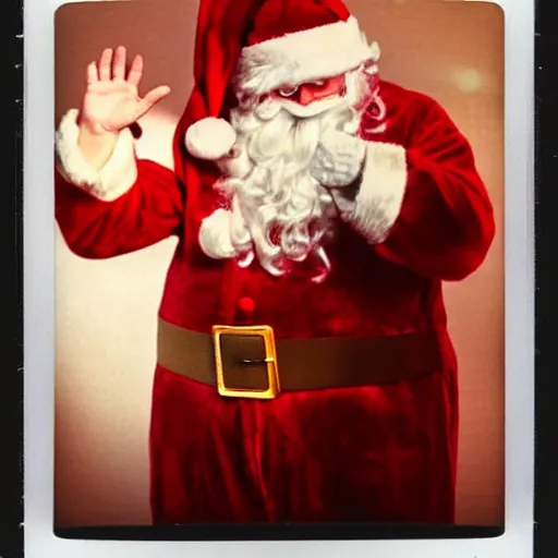 Image similar to 1972 polaroid flash photo of Santa Claus surprised on Christmas Eve