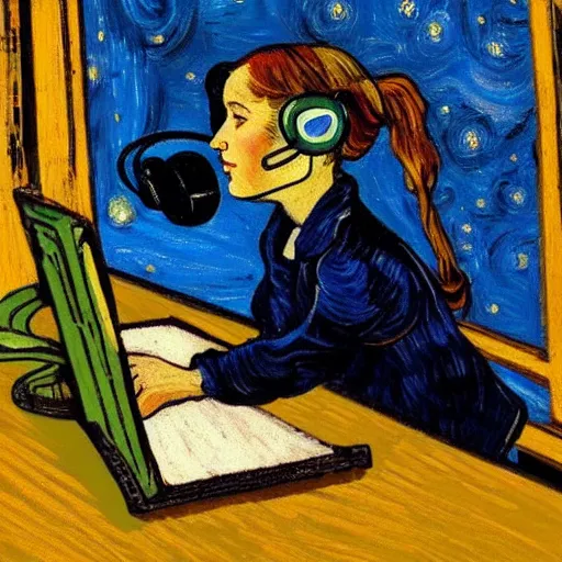 Prompt: Sideview of a girl sitting at her desk wearing headphones in front of a big window, in the style of a Van Gogh Painting