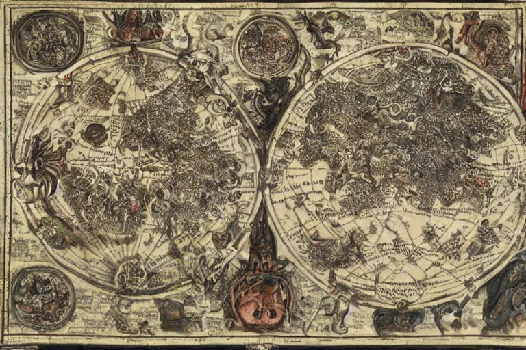 Image similar to intricate detailed ancient map of the regions of hell and the dimensions of the damned, inferno flames demons daemons purgatory limbo, technical cartography with annotations and notes in the margins