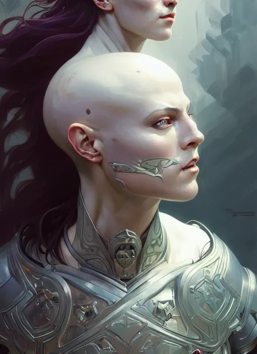 Image similar to Symmetry!! portrait of a bald woman, warrior in armour, muscular, fantasy, intricate, elegant, highly detailed, digital painting, artstation, concept art, smooth, sharp focus, illustration, art by artgerm and greg rutkowski and alphonse mucha