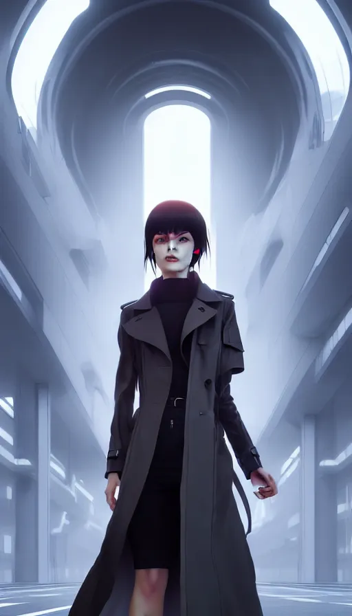 Image similar to realistic render of a cyborg - girl wearing a long trench coat by ross draws, futuristic dystopian city by ilya kuvshinov, digital anime art by ross tran, composition by sana takeda, lighting by greg rutkowski