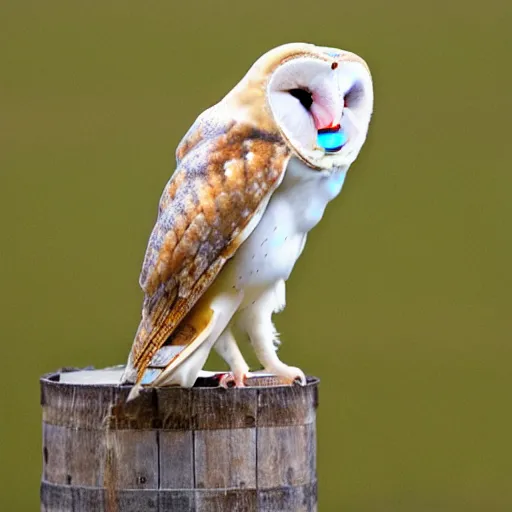 Prompt: barn owl, noctilux, barrel distortion,