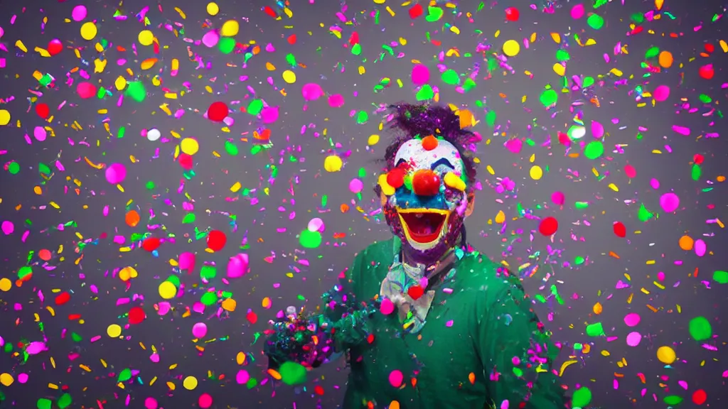 Prompt: a clown puking a fountain of confetti, hyperrealistic, Cryengine 8k UHD