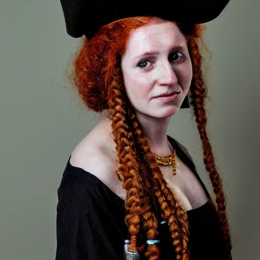 Image similar to 'https://i.pinimg.com/originals/8b/2b/3c/8b2b3c1c42721b1a61d595f3da14daf5.jpg' 15th Century Barbary Coast pirate Woman with Ginger hair and Golden hooped earrings photography by Steve McCurry