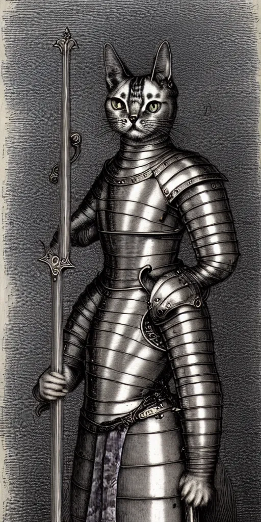 Image similar to engraving portrait of humanoid cat with sword in medieval armoury by gustave dore. trending on deviant art, street art, chillwave, maximalist, full of color, glittering, 8 k, hd