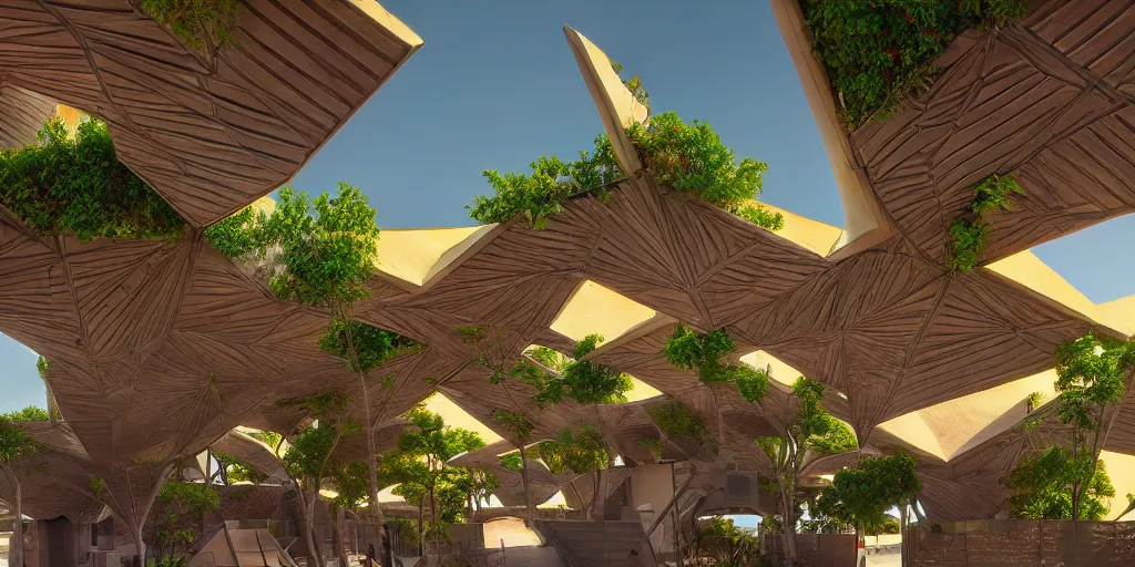Prompt: faceted roof planes lift and descend creating shade and architectural expression, highly detailed, cyberpunk, situated in desert oasis, vivid colors, lush vegetation, 4 k