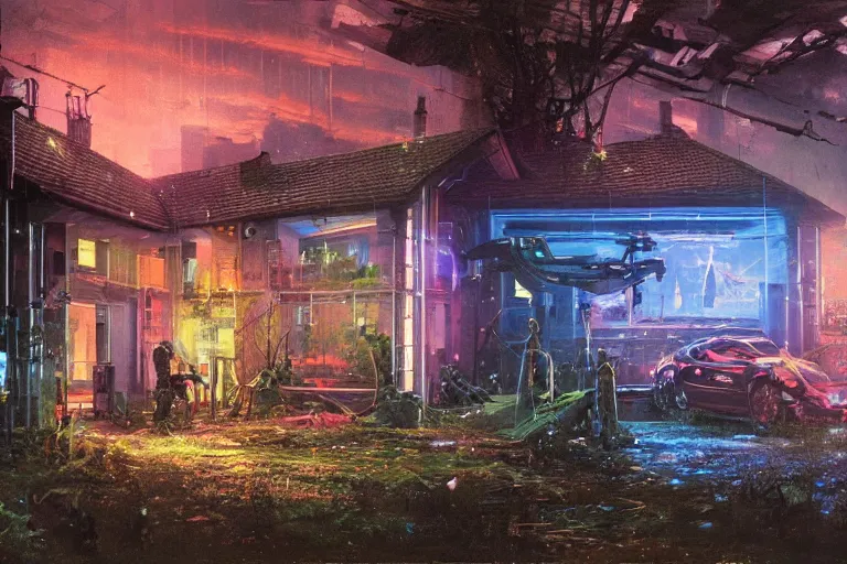 Image similar to cyberpunk, an estate agent listing external photo of a 5 bedroom detached house in the countryside, by Paul Lehr, highly detailed, photorealistic, 8k, anamorphic, cinestill cinematrography