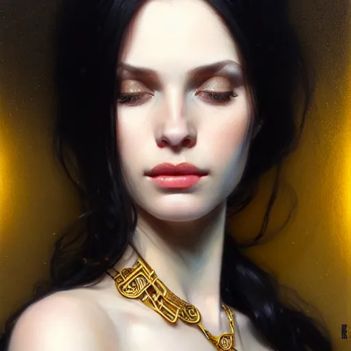 Image similar to Portrait of a beautiful pale skin Eastern European female with long black hair, dark eyes, elegant clothing, photorealistic, highly detailed, artstation, smooth, sharp focus, gold ornaments, neon lighting, sci-fi, art by Klimt, artgerm, Greg Rutkowski and Alphonse Mucha