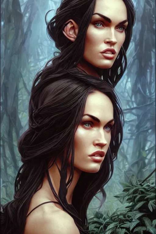 Image similar to portrait of megan fox elven mage, dark, piercing eyes, gentle expression, elegant clothing, photorealistic, highly detailed, artstation, smooth, sharp focus, art by michael whelan, artgerm, greg rutkowski and alphonse mucha