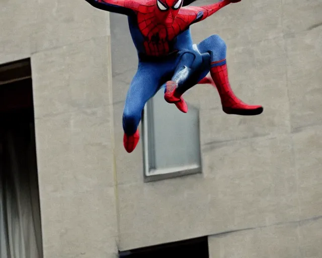 Prompt: photograph of spider - man on a building movie set