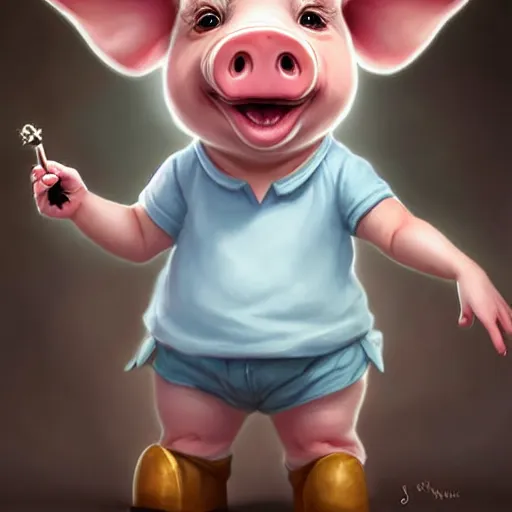 Image similar to cute little anthropomorphic funny female pig wearing shorts, a sunhat, boots and a pale blue shirt!! tiny!! fully clothed!!! small, short, cute and adorable, character art portrait, matte fantasy painting, deviantart artstation, by jason felix by steve argyle by tyler jacobson by peter mohrbacher, cinema