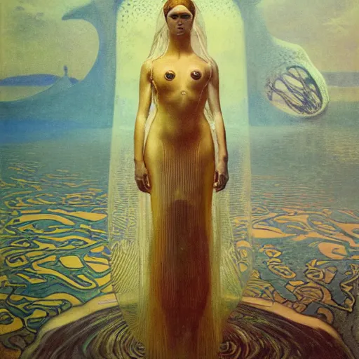 Prompt: queen of atlantis by zdzisław beksinski, alexander mcqueen, gaston bussiere and alphonse mucha. highly detailed, hyper - real, beautiful