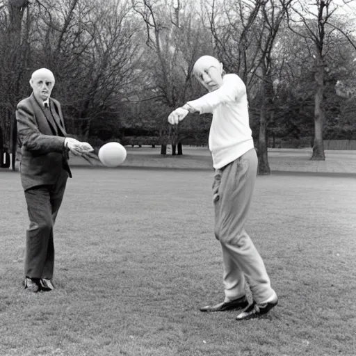 Image similar to gilbert and george playing with frisbees, in the park, where's wally