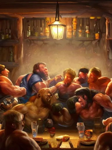 Prompt: half dozen guys brawling in a tavern. intricate, elegant, highly detailed, digital painting, artstation, concept art, sharp focus, illustration, by justin gerard and artgerm, 8 k