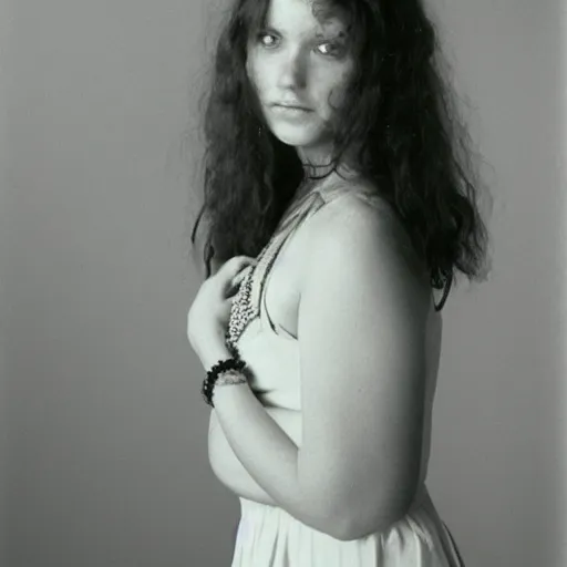 Image similar to 1970s studio portrait of a beautiful hippie girl with only a miniskirt on, medium format photography,