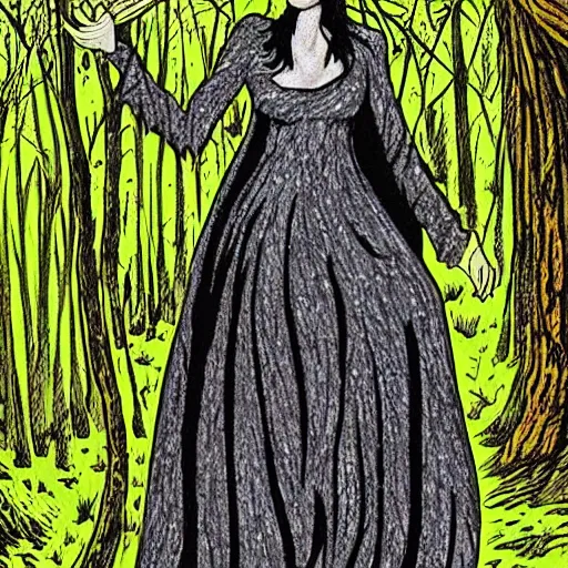 Image similar to tall slender woman with long grey hair in a black dress walking out of a swamp, highly detailed, digitally painting, elaborate, by ec comics,