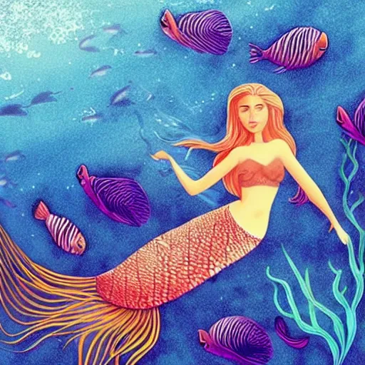 Prompt: “mermaid with blond long hair swimming in the ocean with coral and fish swimming around her”