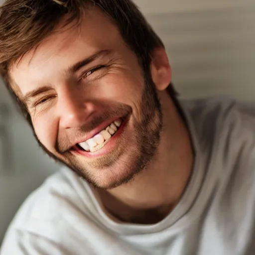 Prompt: photo of a white guy smiling, closeup, HD