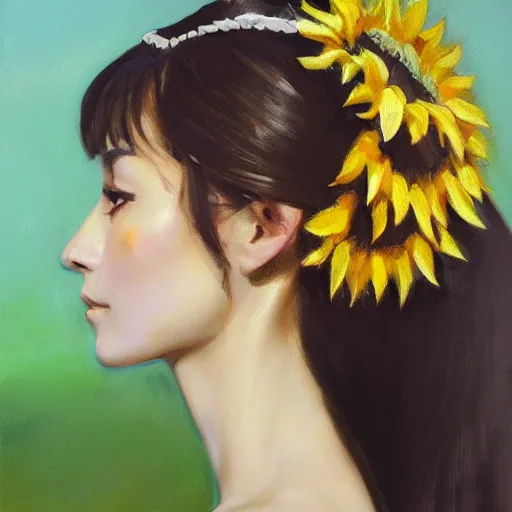 Prompt: sunflower tiara, aztec face paint, korean audrey hepburn, vogue magazine, greg rutkowski, john singer sargent, trending on artstation, anime, oil painting, side profile portrait, looking right, intricate