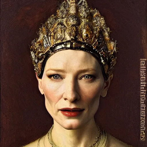 Image similar to cate blanchett by Annie Swynnerton and Nicholas Roerich and Vermeer, strong dramatic cinematic lighting , ornate headdress , lost civilizations, smooth, sharp focus, extremely detailed