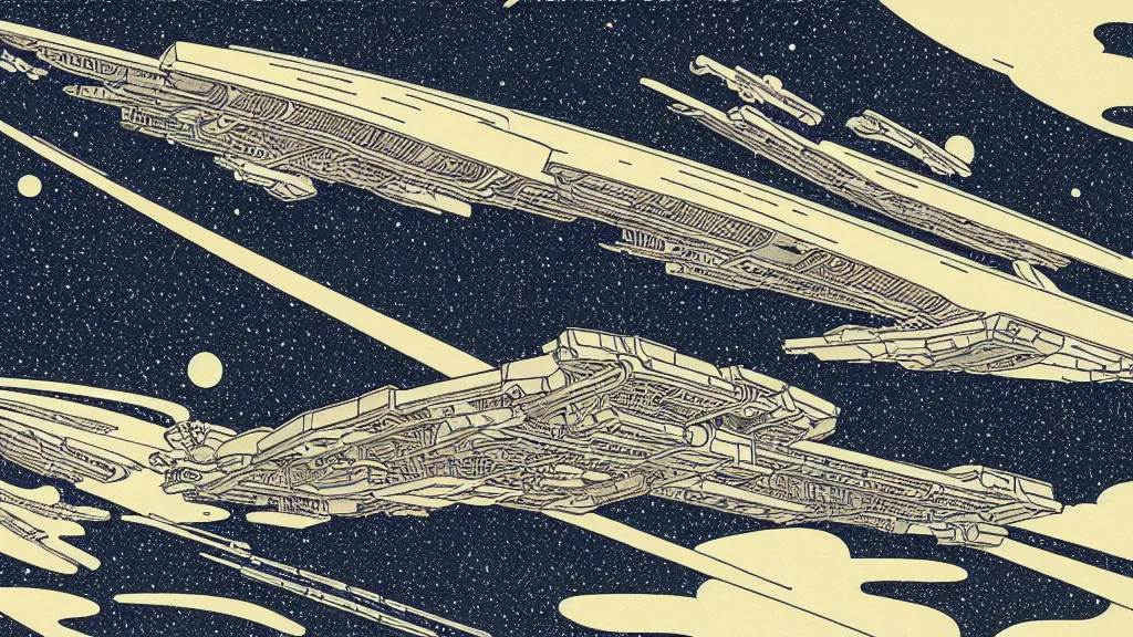 Image similar to A wide shot, galactic spaceship battle, flat design, screen print by Kawase Hasui and dan hillier