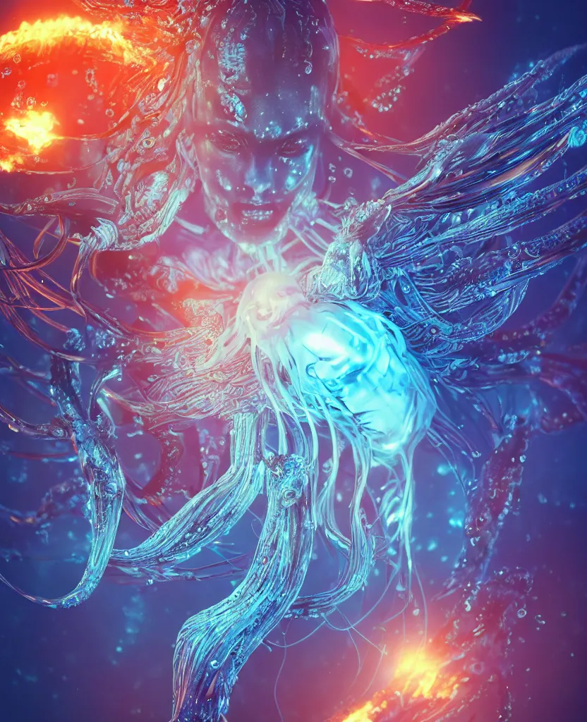 Image similar to close-up macro portrait of the face of a beautiful princess, epic angle and pose, symmetrical artwork, 3d with depth of field, blurred background, cybernetic jellyfish phoenix bird, translucent, nautilus, energy flows of water and fire. a highly detailed epic cinematic concept art CG render. made in Maya, Blender and Photoshop, octane render, excellent composition, cinematic dystopian brutalist atmosphere, dynamic dramatic cinematic lighting, aesthetic, very inspirational, arthouse. y Greg Rutkowski, Ilya Kuvshinov, WLOP, Stanley Artgerm Lau, Ruan Jia and Fenghua Zhong