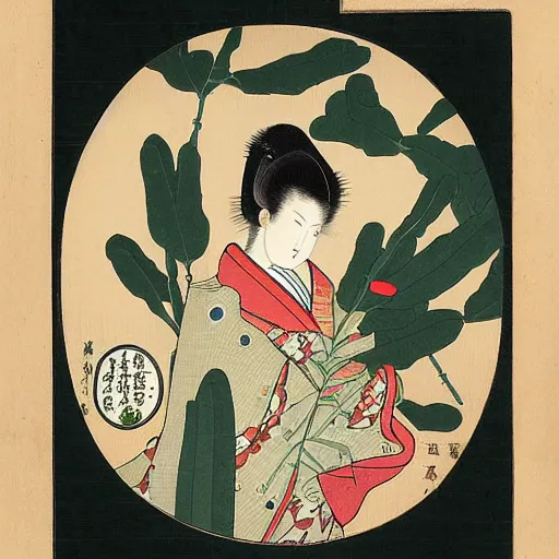 Prompt: scientific botanical illustration of a beautiful woman ,Ukiyo-e