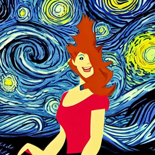 Image similar to hanna barbera by ryan ottley, by luigi loir lush, meticulous. a beautiful art installation of a woman with long flowing hair, wild animals, & a dark, starry night sky.