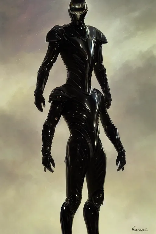 Image similar to iridescent sinewy smooth muscular male sleek glossy black pearlescent scifi armor with smooth black featureless helmet, by greg rutkowski, mark brookes, jim burns, tom bagshaw, magali villeneuve, eve ventrue, trending on artstation