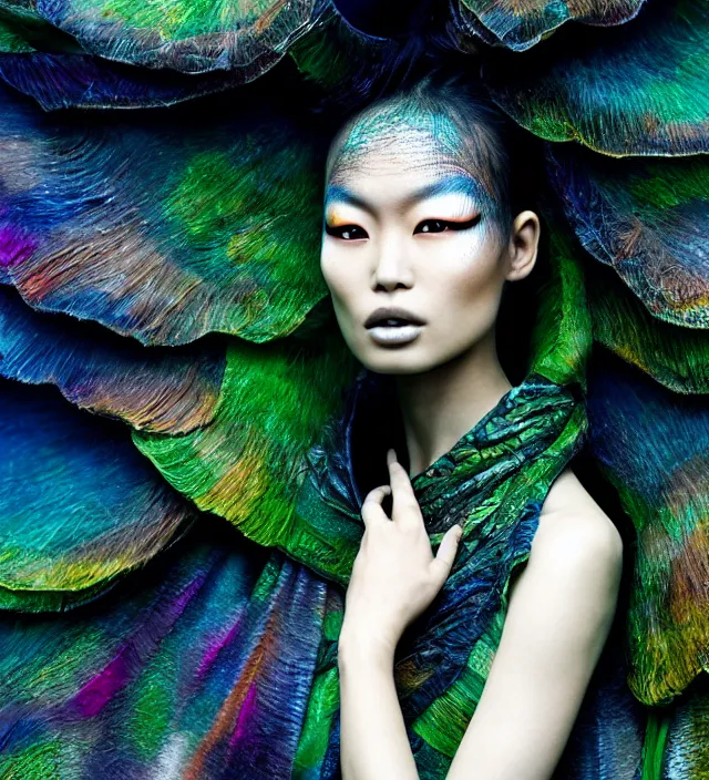 Image similar to photography face portrait of one female asian fashion model in rainforest, wearing one organic futurist shawl designed by iris van herpen,, creative colorfull - makeup, curly hair style half _ long, photography by paolo roversi nick knight, helmut newton, avedon, and araki, sky forest background, natural pose, highly detailed, skin grain detail