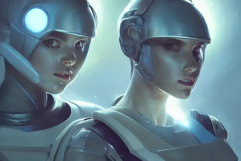 Image similar to Semi Realism Portrait girl in a futuristic spacesuit, atmospheric, volumetric lighting, glowing lights, 4k, octane renderer, digital painting, artstation, concept art, sharp focus, illustration, art by artgerm and greg rutkowski and alphonse mucha, )))))), pastel palette, daily deviation