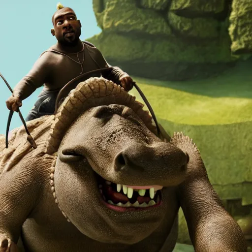 Image similar to Movie still of Kanye West riding an ((aligator)) in the movie Shrek, splash art, movie still, cinematic lighting, dramatic, octane render, long lens, shallow depth of field, bokeh, anamorphic lens flare, 8k, hyper detailed, 35mm film grain