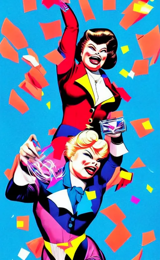 Image similar to rip taylor throwing confetti, retro - futuristic poster style by artgerm and arthur adams, amazing composition