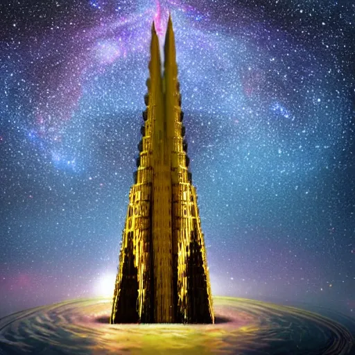 Image similar to an infinitely tall golden tower from a secret dimension looms in the background surrounded by deep black magical water filled with countless galaxies